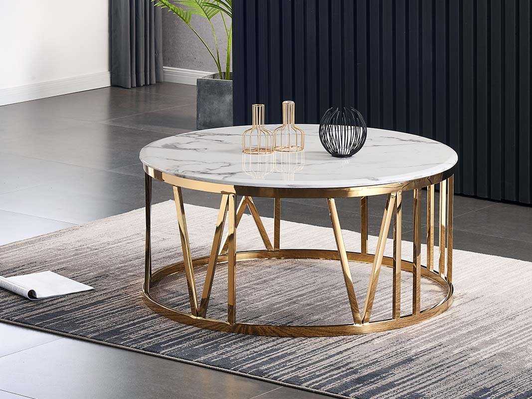 Table basse ROMA ronde marbre pied doré. Livraison gratuite sous 5 jours. Disponible en stock.